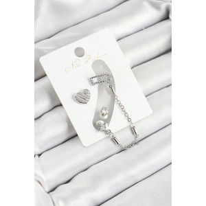 Pirinç Kalp Figürlü Zirkon Taşlı Gümüş Renk 3lü Kıkırdak Kadın Küpe Set