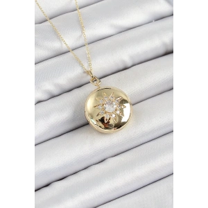 316L Çelik Zincir Açılabilir Madalyon Model Zirkon Taşlı Gold Renk Kadın Kolye