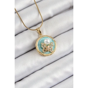 316L Çelik Zincir Zirkon Taşlı Turkuaz Sanatsal Portre İnci Detaylı Kelebek Model Gold Renk Kadın Kolye