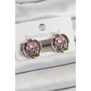 Pirinç Mor Mineli Çiçek Figürlü Sanatsal Portre Model Gold Renk Kadın Küpe