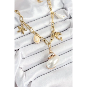 316L Çelik Gold Renk Deniz Kabuğu ve Yıldızı Konseptli Kadın Kolye