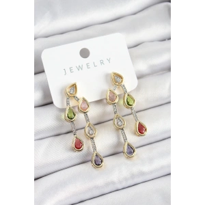 Pirinç Çoklu Damla Model Karşık Zirkon Taşlı Gold Ve Gümüş Renk Kadın Küpe