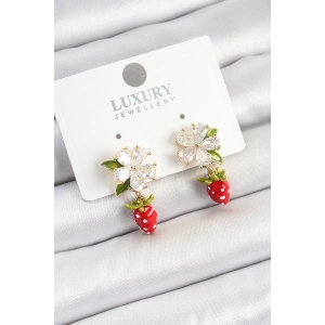 Pirinç Mineli Zirkon Taşlı Çiçek Model Sallantılı Çilek Detaylı Gold Renk Kadın Küpe