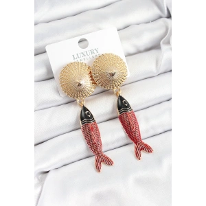 Pirinç Sallantılı Zirkon Taşlı Kırmızı Siyah Balık Model Gold Renk Kadın Küpe