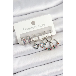 Pirinç Zirkon Taşlı Kalp Ve Halka Model Gold Renk 6lı Set Kadın Küpe