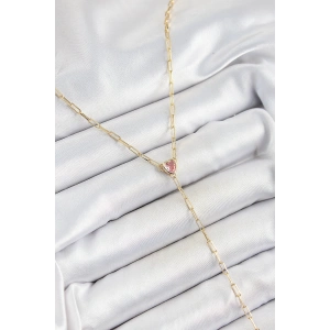 Pirinç Zirkon Taşlı Pembe Kalp Figürlü Y Model Gold Renk Kadın Kolye