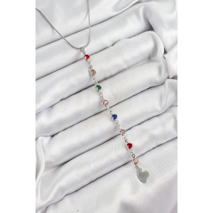 Pirinç Gümüş Renk Karışık Renk Zirkon Taşlı Kalpli Y Kadın Kolye