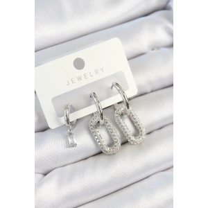 Pirinç Zirkon Taşlı Dikdörtgen Model Gümüş Renk 3lü Çift Kadın Küpe Set