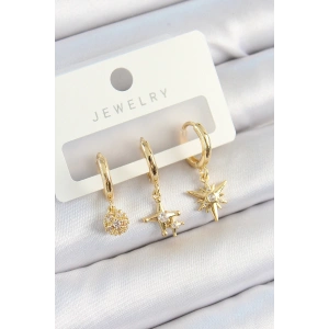Pirinç Zirkon Taşlı Yıldız Model Gold Renk 3lü Çift Kadın Küpe Set