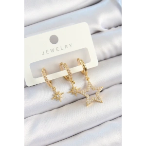 Pirinç Zirkon Taşlı Yıldız Model Gold Renk 3lü Çift Kadın Küpe Set