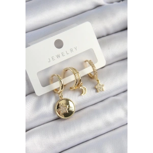 Pirinç Zirkon Taşlı Yıldız Ve Ay Model Gold Renk 3lü Çift Kadın Küpe Set