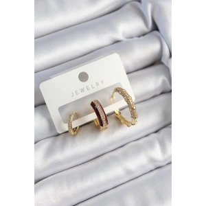 Pirinç Zirkon Taşlı Bordo Halka Model Gold Renk 3lü Çift Kadın Küpe Set