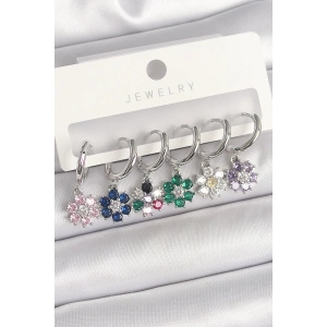 Pirinç Gümüş Renk Sallantı Renkli Zirkon Taşlı Çiçek Model Kadın Küpe Seti