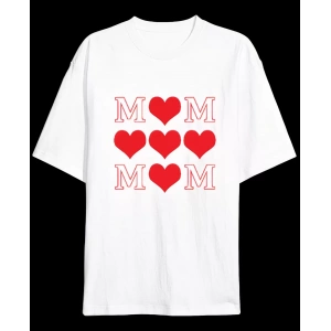 Anneler Gününe Özel Tasarım MOM Kalp Baskılı T-shirt - Beyaz