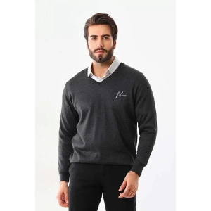 Baskılı V Yaka Uzun Kol Dokuma Triko - Füme