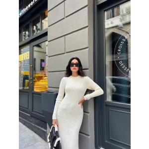 Bisiklet Yaka Fitilli Uzun Elbise - Beyaz