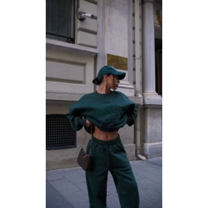 Bisiklet Yaka Nakış İşlemeli Üç İplik Sweat Takım - Yeşil