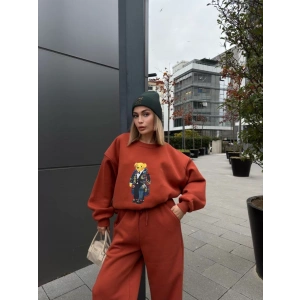 Bisiklet Yaka Üç İplik Sweat Takım - kiremit