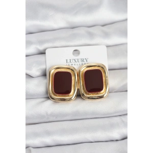 Bordo Mineli Kare Gold Renk Vintage Kadın Küpe