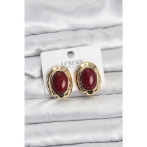 Bordo Renk Oval Vintage Pirinç Kadın Küpe