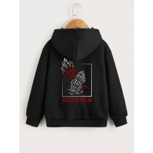 Çocuk Unisex Kapüşonlu Ön ve Arka Blessed Baskılı Sweatshirt - Siyah