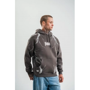 Double Oversize Kapşonlu Şimşek Pano Baskılı SweatShirt - Füme