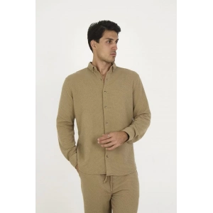 Düğmeli Tam Kalıp Uzun Kol Jakar Gömlek - Kahverengi