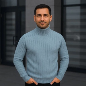 Erkek Balıkcı Yaka Bağazlı Triko Kazak Pamuklu Kalın Fitilli Dokuma, Regular Fit Uzun Kollu Kışlık Model - Bebe Mavisi