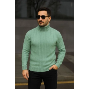 Erkek Balıkcı Yaka Bağazlı Triko Kazak Pamuklu Kalın Fitilli Dokuma, Regular Fit Uzun Kollu Kışlık Model - Mint Yeşili