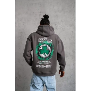 Erkek Baskılı Kapüşonlu ve Kordon İpli Sweat - Gri