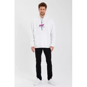 Erkek Baskılı Üç İplik Kapüşonlu Oversize Sweatshirt - Beyaz