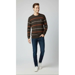 Erkek Bisiklet Yaka Cizgili Triko Kazak yumuşak dokulu Pamuklu ince Dokuma, uzun kollu Rahat Regular kalıp - Koyu Kahverengi