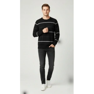 Erkek Bisiklet Yaka Cizgili Triko Kazak yumuşak dokulu Pamuklu ince Dokuma, uzun kollu Rahat Regular kalıp - Siyah