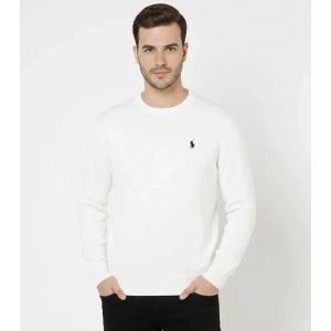 Erkek Bisiklet Yaka Nakış işlemeli Triko Kazak yumuşak dokulu Pamuklu ince Dokuma, uzun kollu Rahat Regular kalıp - Beyaz