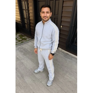 Erkek Çift Şeritli Eşofman Takım Dik Yaka Fermuarlı Sweatshirt Boru Paça Alt, Oversize 3 iplik Pamuklu - Gri