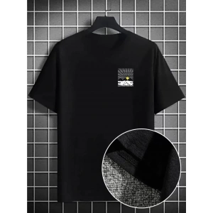 Erkek Dağ Grafikli Tişört, Yaz için Büyük Beden Rahat T-shirt - Siyah