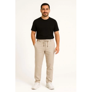 Erkek Diagonel Mikro dokulu Cepli Pantolon - Bej