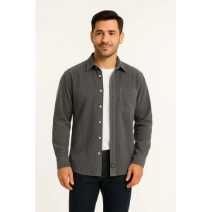 Erkek Fitilli Kadife Cepli Gömlek Oversize Rahat Kalıp - Füme