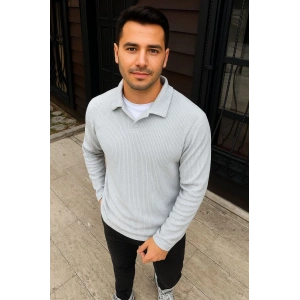 Erkek Fitilli Polar Sweatshirt – Düğmesiz Polo Yaka, Oversize Rahat Kalıp, Kalın Polar Kumaş, Kışlık ve Baharlık Şık Günlük Üst - Gri