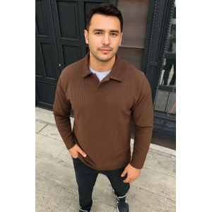 Erkek Fitilli Polar Sweatshirt – Düğmesiz Polo Yaka, Oversize Rahat Kalıp, Kalın Polar Kumaş, Kışlık ve Baharlık Şık Günlük Üst - Kahverengi