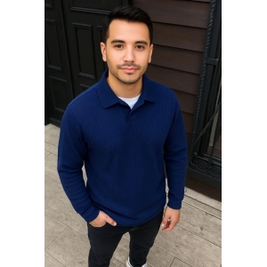 Erkek Fitilli Polar Sweatshirt – Düğmesiz Polo Yaka, Oversize Rahat Kalıp, Kalın Polar Kumaş, Kışlık ve Baharlık Şık Günlük Üst - Lacivert