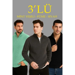 Erkek Fitilli Triko Kazak 3’lü Set – Mint Yeşili, Siyah, Füme Kalın Dokuma Pamuklu Regular Fit V Yaka Fermuarlı Uzun Kollu Rahat Kışlık Kazak Kombini