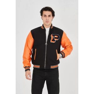 Erkek İçten Elyaf ve Astarlı Kolları Suni Deri Ceket - Turuncu