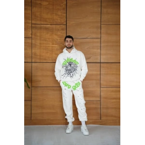 Erkek Kapüşonlu Eşofman Takım Örümcek Ağı ve Neon Yeşil Baskılı Kanguru cepli Oversize Rahat Kalıp, Premium Üç İplik Kumaş - Beyaz