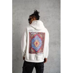 Erkek Kilim Desen Kapüşonlu Sweat - Beyaz