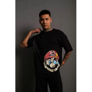 Erkek Mario Baskılı Oversize T-Shirt - Siyah