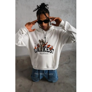 Erkek Oversize Kapüşonlu Sweatshirt – Beyaz Renk Üç İplik İçi Pamuklu Kanguru Cepli Baskılı Hoodie Rahat Kalıp Kışlık Günlük Kombinlere Uygun - Beyaz