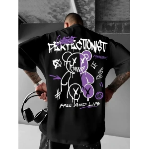 Erkek OversizeGrafik Tişört CAMPBRASTCOOPERATION Kalın Yazı Bisiklet Yaka, Kısa Kol, Kalın Mor ve Siyah Desenli Yazlık Sokak Kıyafeti - Siyah