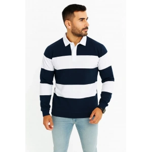 Erkek Polo Yaka Uzun Kollu Çizgili Sweatshirt Trend Rugby Stil - Lacivert