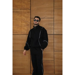 Erkek Premium Parçalı Eşofman Takım - Dik Yaka Fermuarlı Biyeli Sweatshirt Lastik Paça Alt, Oversize 3 iplik Şardonlu - Siyah